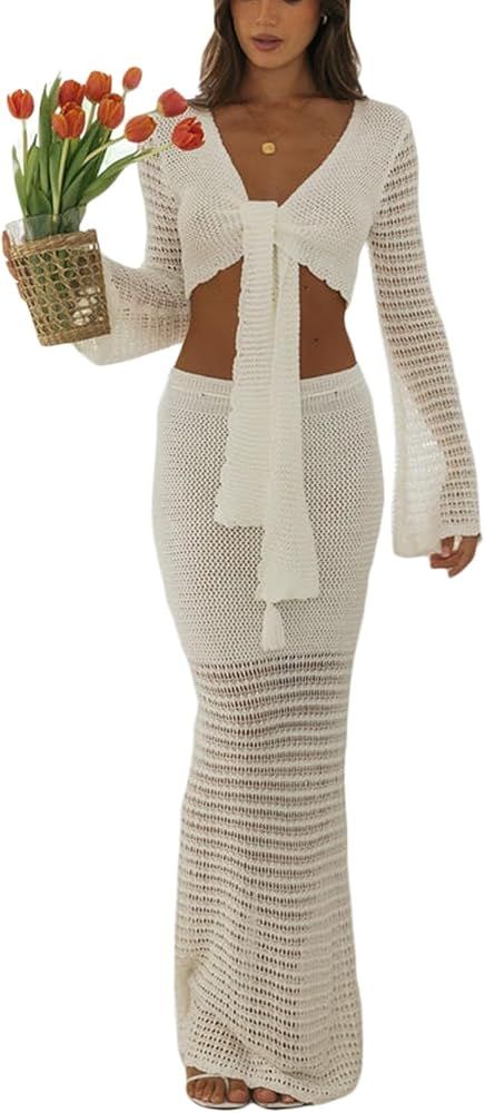 Amiblvowa Crochet Knit 2 Piece Skirt Sets for Women Summer Hollow Out Crop Top Bodycon High Waist... | Amazon (US)