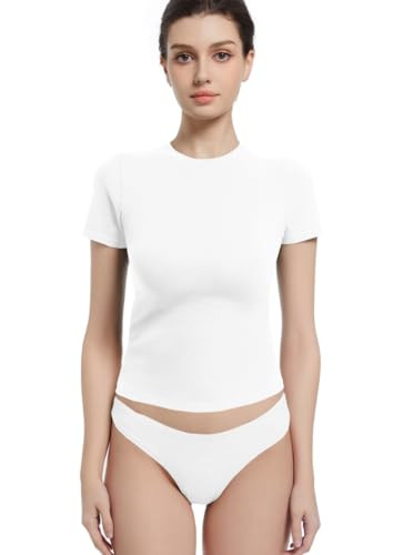 Abonlen Crewneck Short Sleeve T Shirts for Women Fitted Basic TeesY2k Going Out Tops (Large,White) | Amazon (US)