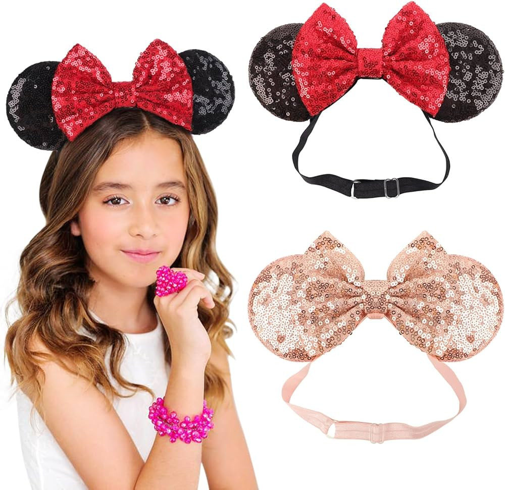 DRESHOW Minnie Ears Headbands Mouse Ears Sequin Bow Headbands Elastic Adjustable Headband Glitter... | Amazon (US)