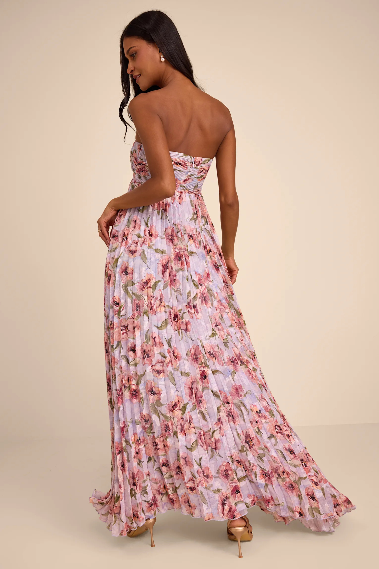 Nola Lavender Floral Pleated Strapless Maxi Dress | Lulus
