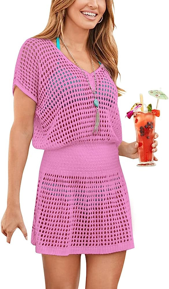 Hount Womens Swimsuit Cover Up V Neck Crochet Beach Bikini Swimwear Coverups Dresses | Amazon (US)