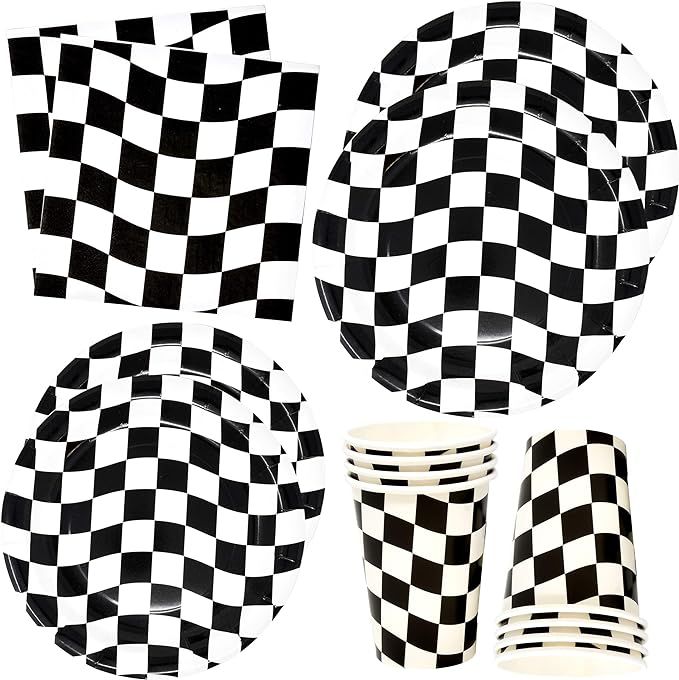 Black and White Checkered Racing Party Supplies Tableware Set 30 9" Plates 30 7" Plate 30 9 oz. C... | Amazon (US)
