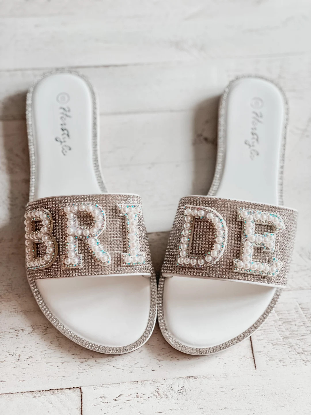 White Bride Pearl Rhinestone Slide Sandals | Bridal Gifts | Wedding | Etsy (US)