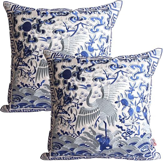 Queenie - 2 Pcs Silky Oriental Chinese Phoenix Embroidered Decorative Throw Pillow Case Cushion C... | Amazon (US)