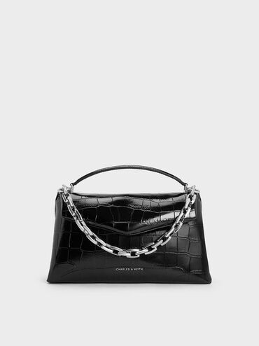 Noir Andromeda Croc-Effect Chunky-Chain Top Handle Bag | CHARLES & KEITH | Charles & Keith US