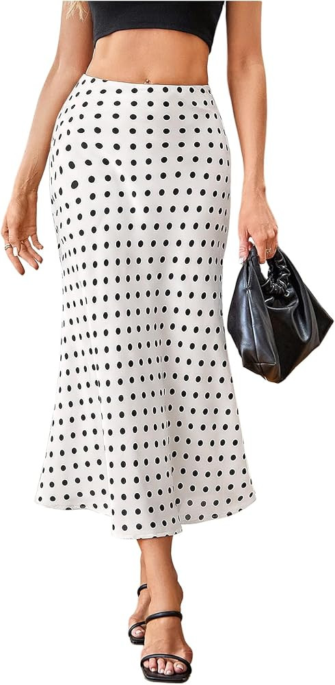 MakeMeChic Women's Polka Dots Midi Skirt Satin Silk Summer Flowy Pencil Long Skirts | Amazon (US)