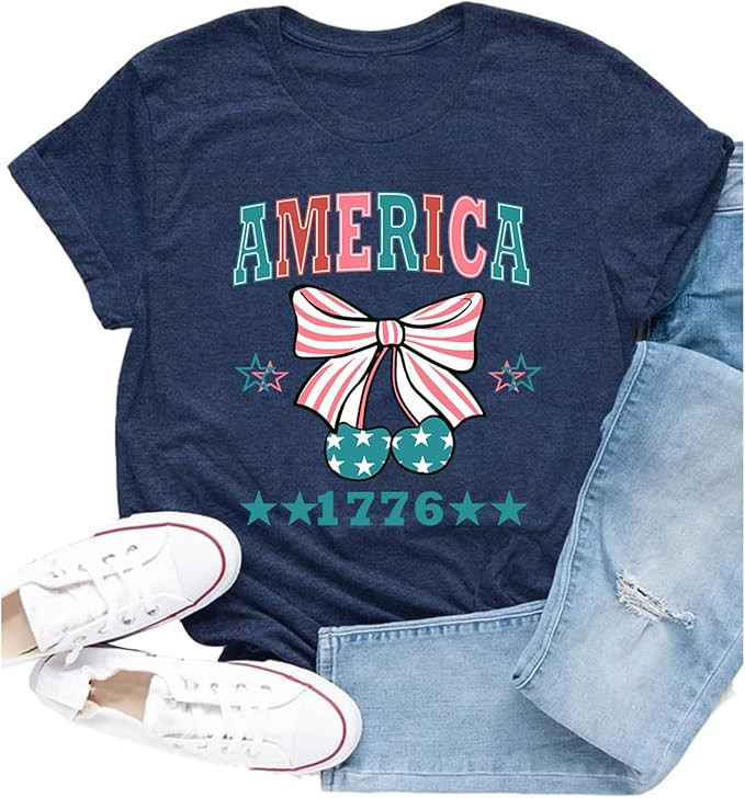 Womens American Flag Shirt USA Bow Flag Patriotic Print T-Shirt 4th of July Crewneck Tee Tops | Amazon (US)