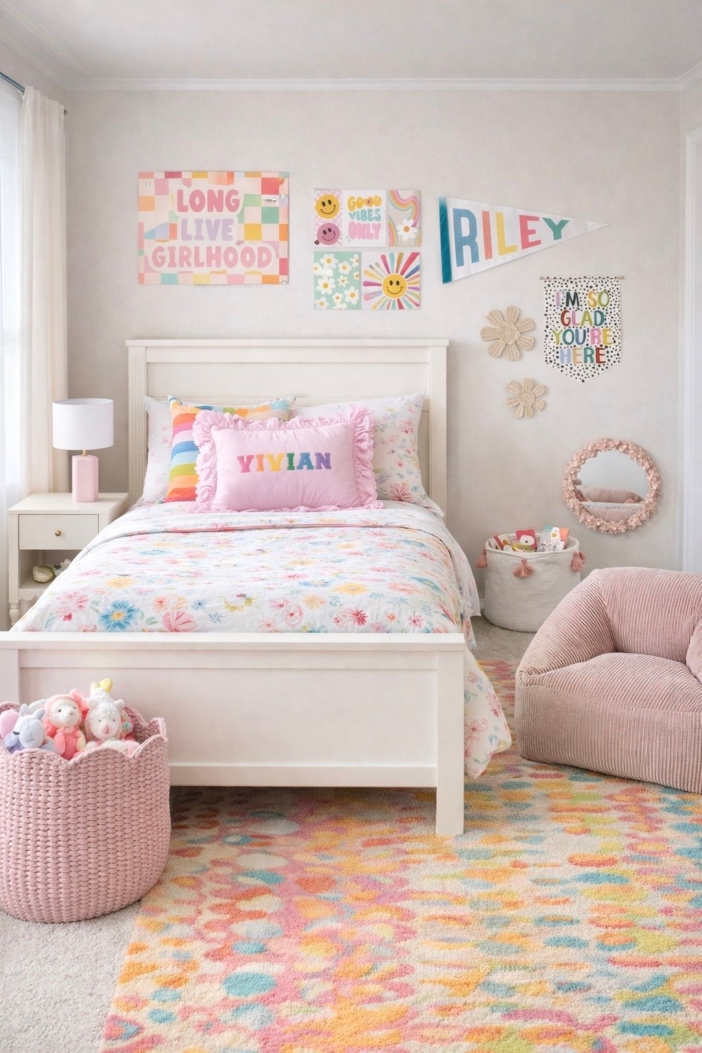 pastel girls bedroom, colorful girls room decor, kids bedroom ideas, girls bedroom inspiration, pastel rainbow bedroom, cheerful kids room decor, girls bedding set, floral comforter kids bed, personalized name pillow, rainbow pillow, ruffle pillow, white kids bed frame, pastel wall art kids room, smiley face wall decor, daisy wall art, rainbow kids decor, positive quote wall art, gallery wall kids bedroom, colorful area rug kids room, pastel nursery decor, soft pink kids chair, cozy reading corner kids room, stuffed animal storage basket, toy basket kids room, bright playful kids bedroom, happy colorful kids decor, girly bedroom aesthetic, modern kids bedroom design, cozy kids bedroom ideas, pastel kids decor inspiration

#LTKHome #LTKKids