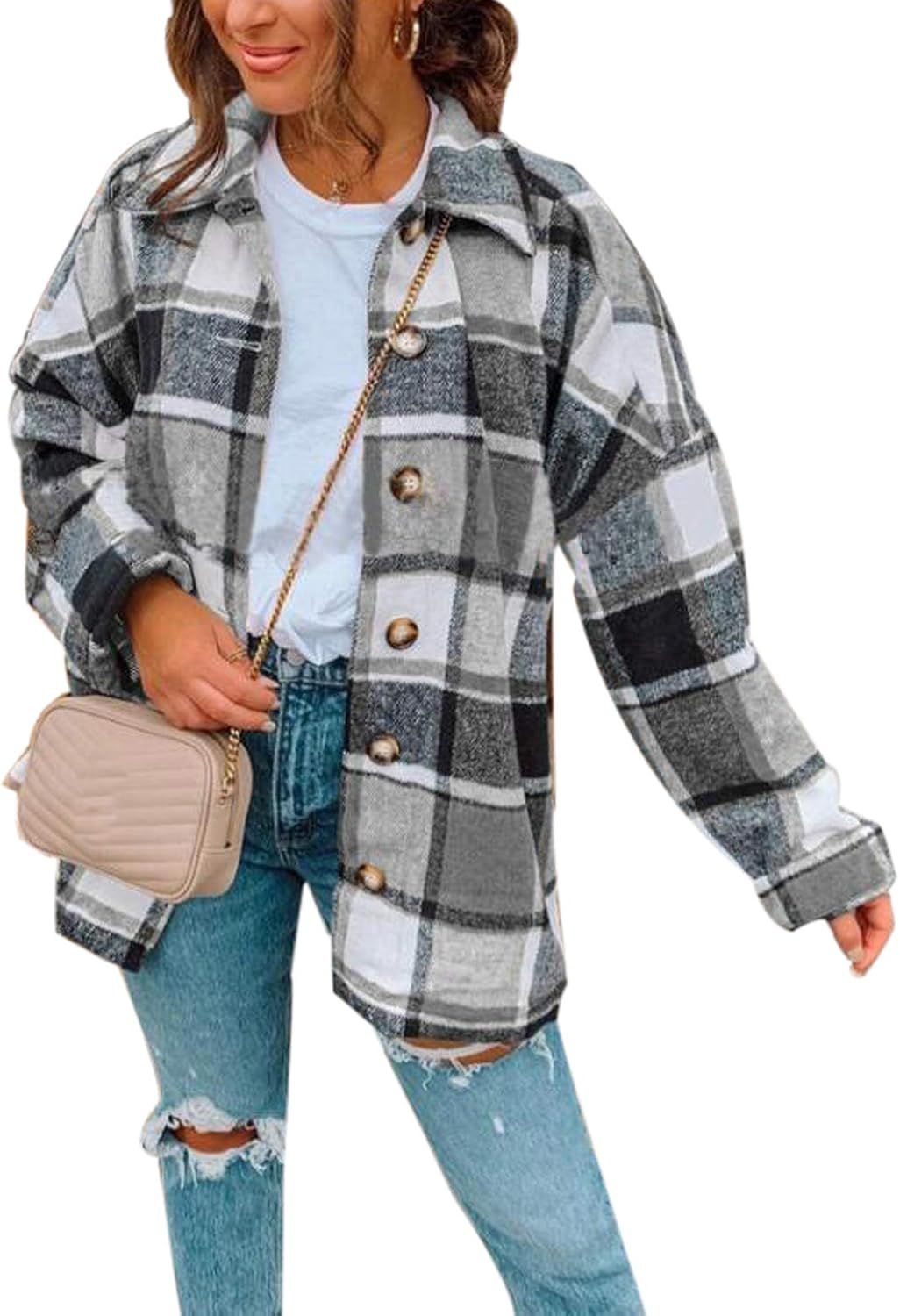 TWOWYHI Women's Casual Plaid Button Down Long Sleeve Jacket Coat Vintage Lapel Button Down Shirts | Amazon (US)