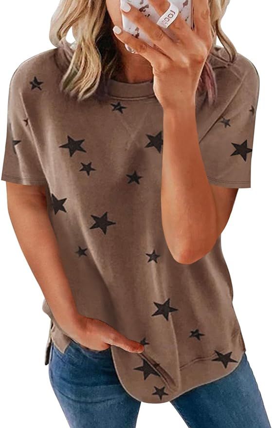 Biucly Women's Short Sleeve Crewneck Shirts Loose Casual Tee T-Shirt | Amazon (US)