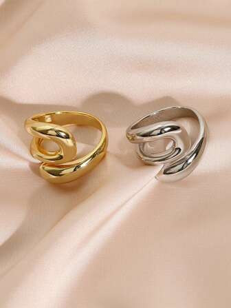 2pcs/set Fashion Copper Minimalist Layered Cuff Ring For Women For Daily Decoration | SHEIN
