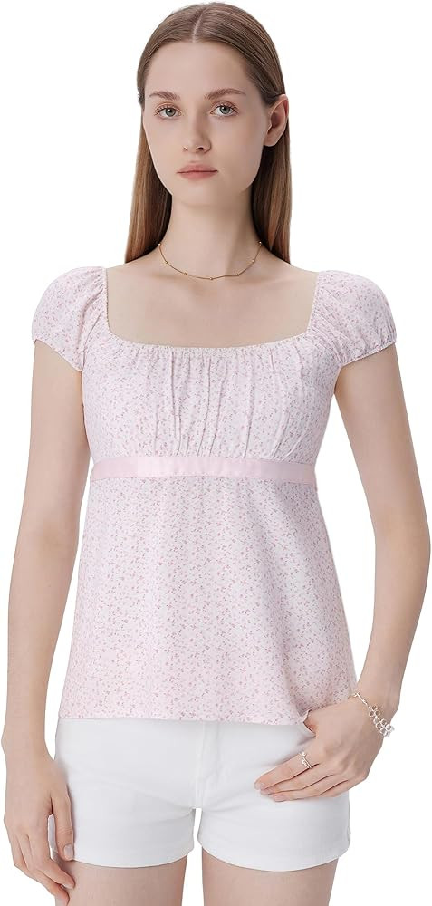 SUUKSESS Women Square Neck Babydoll Tops Cute Summer Peplum Cap Sleeve Going Out Shirts | Amazon (US)