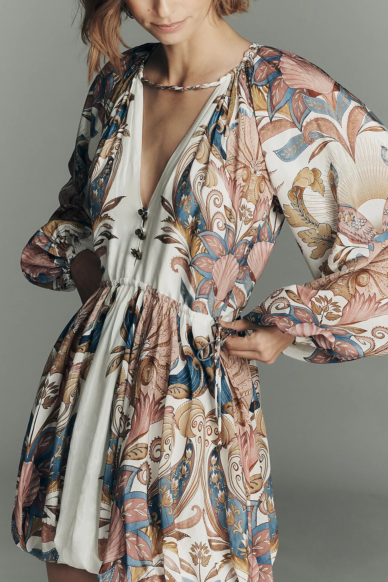 Farm Rio Sea Garden Long-Sleeve Plunge Mini Dress | Anthropologie (US)