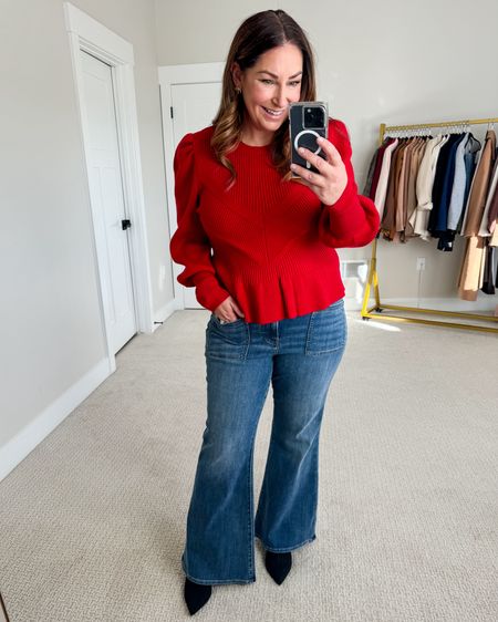 REd peplum sweater from Express now 40% off great for the holidays! 

Wearing sweater in large, jeans in L short but might need a regular for taller heels 


@express #expresspartner #expressyou 

#LTKmidsize #LTKHoliday #LTKsalealert