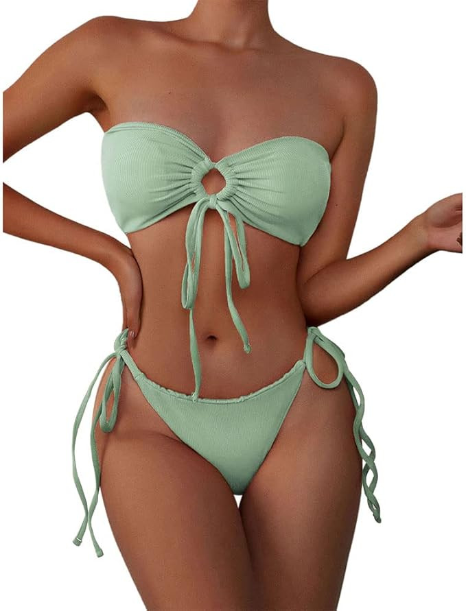 ZAFUL Women's Tie Dye Ribbed O Ring Lace Up Tie Side Bandeau Bikini Set Swimsuit | Amazon (US)