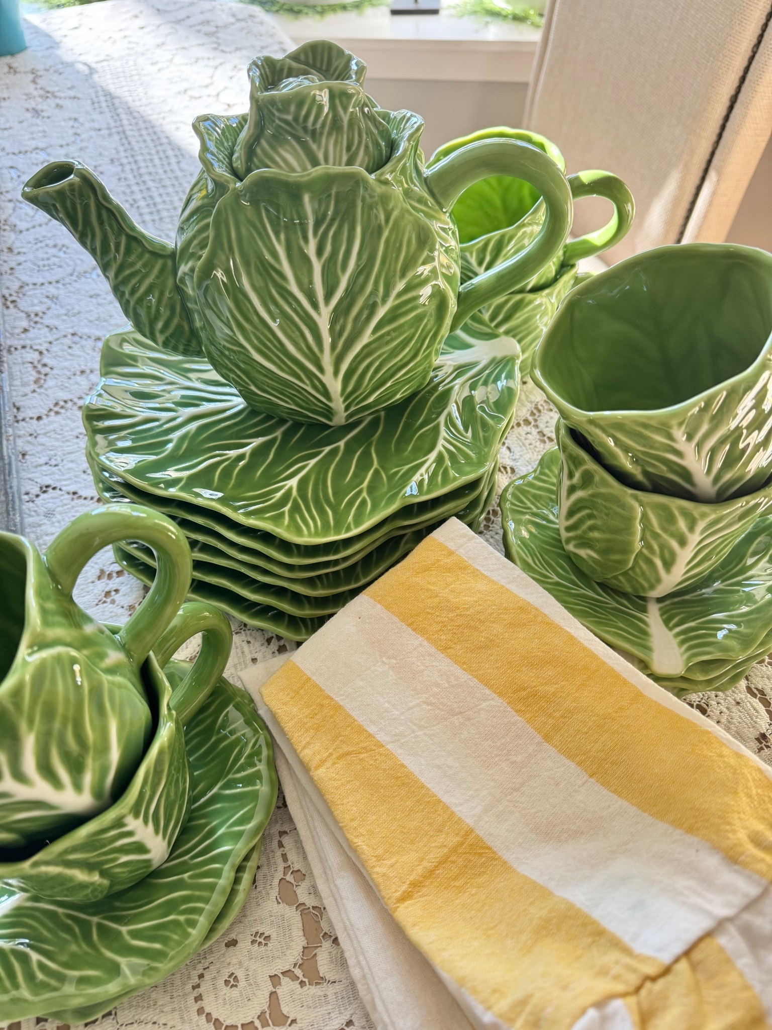 Cabbage ware is perfect for this time of year! It can be styled in a fun St Paddy’s day vignette. Then add bunnies and carrots for Easter. 
I’ve been collecting vintage pottery class versions for awhile, but these new versions fit right in beautifully! 