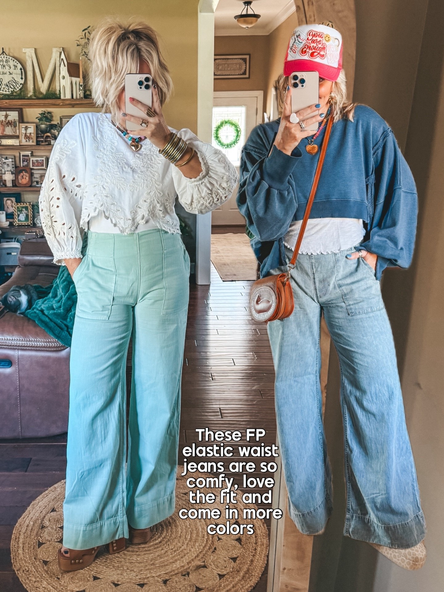 These jeans are SO GOOD!! They come in a lot of colors and I ca wear small & medium. If you want baggier stay true to size. Mint is a small and denim is a medium. 
#freepeople 

#LTKOver40 #LTKootd