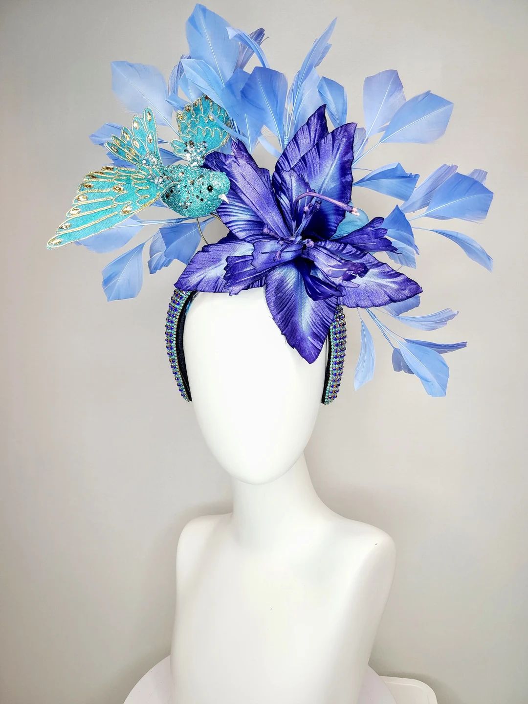 kentucky derby hat fascinator blue swarovski crystal headband blue ombre satin flower turquoise b... | Etsy (US)