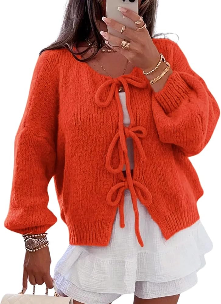 InterNos Womens Bow Tie Front Sweater Cardigan Y2k Chunky Crew Neck Lace Up Crochet Knit Outwear ... | Amazon (US)