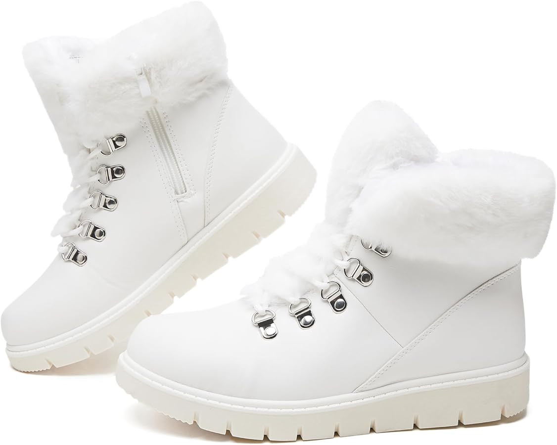 hash bubbie Women's Winter Boots Ankle Booties for Women Warm Fuzzy Boots Lace up PU Leather Snow Boots with Zipper | Amazon (US)