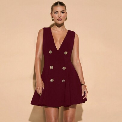 Elegant Women's A-Line Peplum Skirt Suit, Deep V-Neck Princess Style Dress, Suitable For Daily, Date, Outing, Nightclub, Party, Autumn. Club Women Out | SHEIN