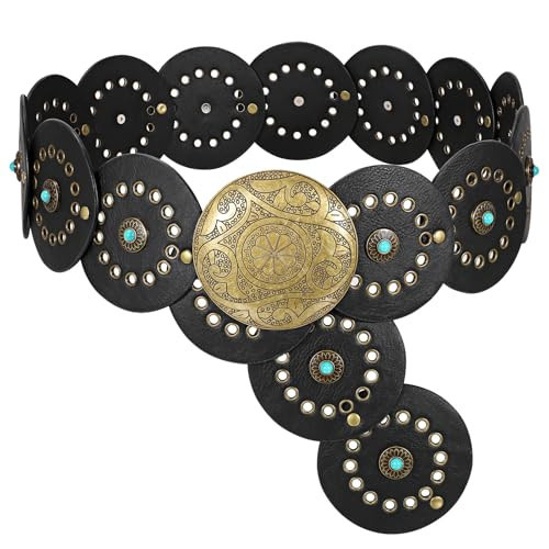 XZQTIVE Western PU Leather Belts for Woman Concho Cowgirl Cowboy Disc Belt for Ladies Wide Boho Country Waist Belts for Dress, bronze buckle, Black, 105cm | Amazon (US)