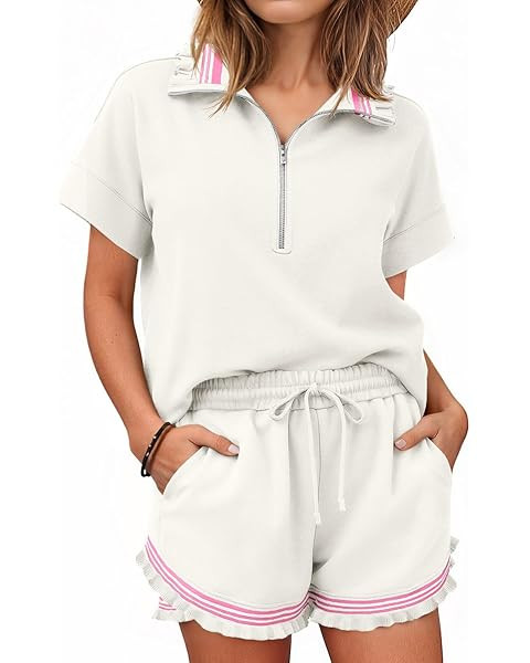 Aoysky 2 Piece Outfits Short Sets for Women Sweatsuit Casual Tracksuits Summer Half Zip Ruffle To... | Amazon (US)