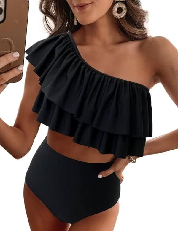 VIMPUNEC Ruffle One Shoulder Swimsuits for Women Cute High Waisted Two Piece Bathing Suits | Amazon (US)