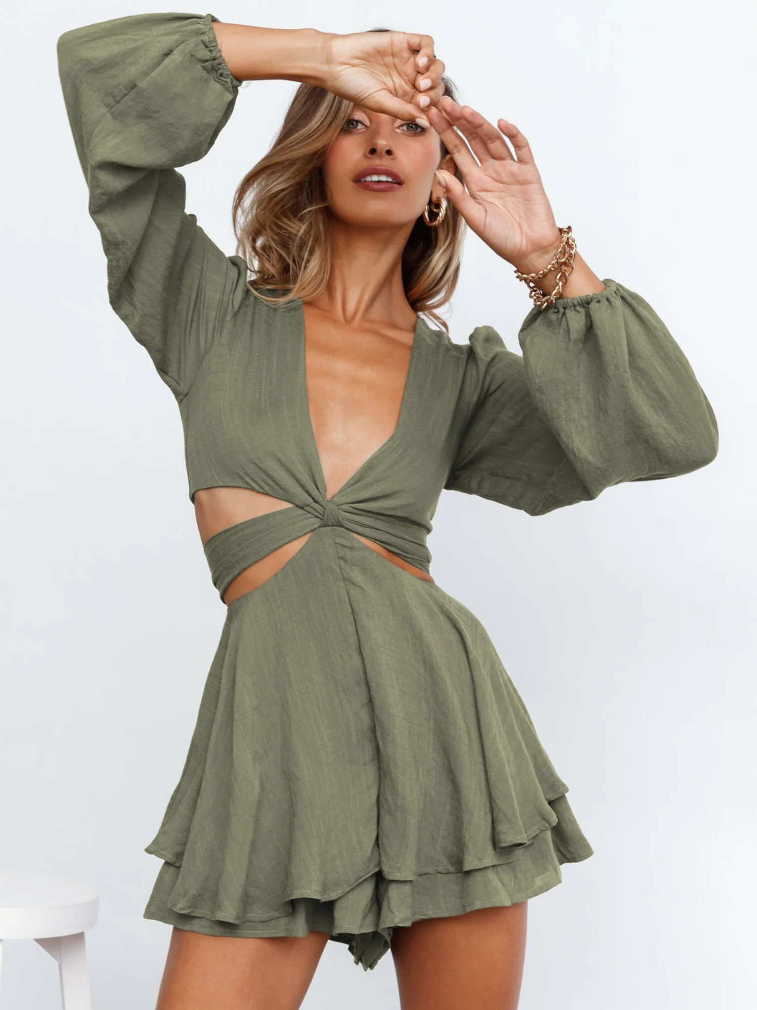 'Aileen' Deep V-neck Waist Cut Romper (4 Colors) | Goodnight Macaroon
