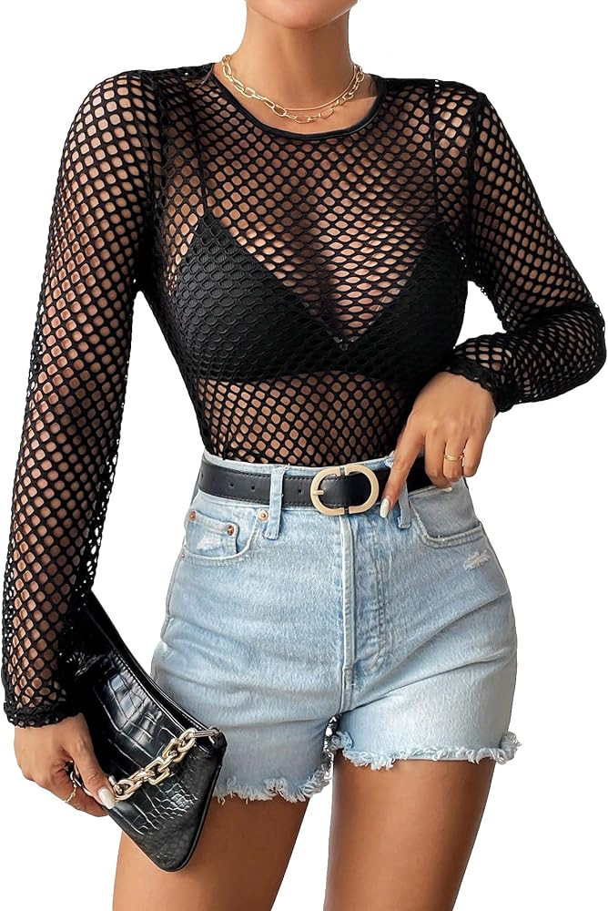 GORGLITTER Fishnet Mesh Rave Tops Tees Shirt Goth Tops | Amazon (US)