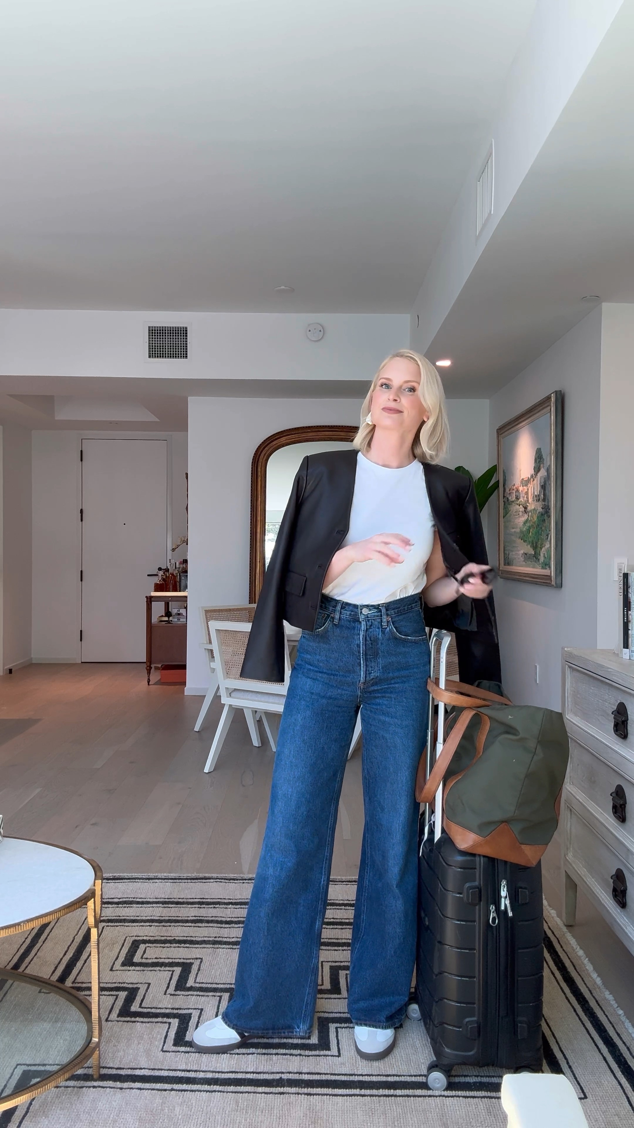 Today’s look for my flight to Chicago + activities once I get there! Wearing a small in the jacket and tee. Size down in the jeans for a more tailored fit! 

#LTKShoeCrush #LTKTravel #LTKFindsUnder50