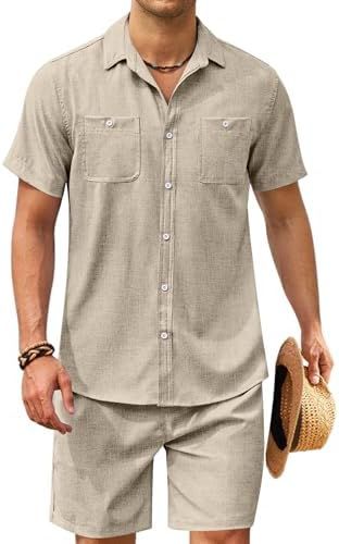 COOFANDY Men 2 Piece Linen Set Casual Beach Outfit Button Down Shirt and Short | Amazon (US)