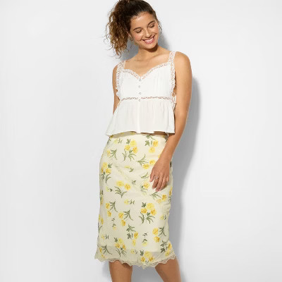 Women's Lace Trim Midi A-Line Skirt - Wild Fable™ Yellow Floral L | Target