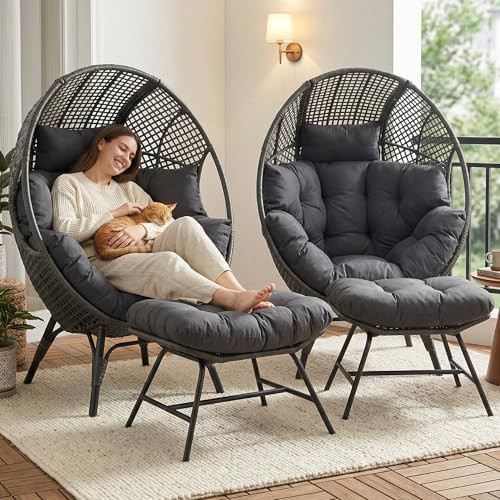 NICESOUL® 2 Person Wicker Stationary Egg Chair Indoor Outdoor Egg Basket Lounge Chair Oversized Thick Cushions Nest Seat with Legs 440lbs Bird Cage Chair with Ottoman, 4 Pieces Boho Chair Gray | Amazon (US)