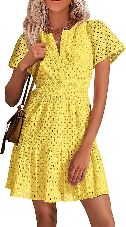 PRETTYGARDEN 2025 Women Summer Short Dress V Neck Short Sleeve A Line Hollow Out Lace Ruffle Cute... | Amazon (US)