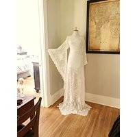 Vintage Lace Wedding Dress Sheer Cream Boho Angel Sleeve Maxi | Etsy (US)