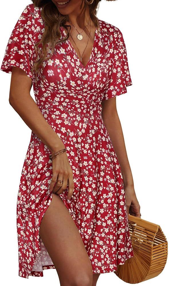 FENSACE Womens Sundress Summer Floral Short Sleeve Wrap V Neck A-Line Midi Dress | Amazon (US)
