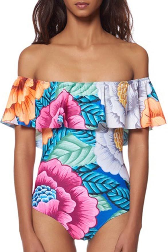 Dellytop Women's One Piece Swimsuit Off The Shoulder Ruffle Vintage Beach Swimwear Bikini Bathsuit | Amazon (US)