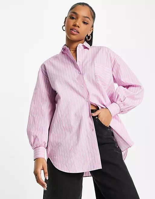 Miss Selfridge cotton oversized shirt in pink stripe | ASOS (Global)