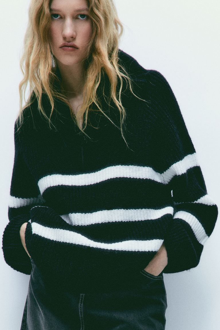 Oversized Half-zip Sweater - Black/striped - Ladies | H&M US | H&M (US + CA)