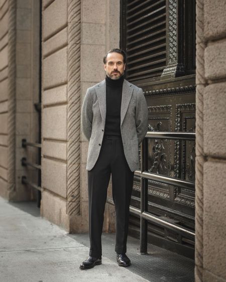 It’s time to start thinking about great holiday party outfit ideas. This one’s a bit less “festive” with the lack of seasonal colors but it’s very elegant and sophisticated. I love the contrast between the stark black pants and turtleneck with the subtle pattern and texture of the tweed blazer  

#LTKover40 #LTKmens #LTKHoliday