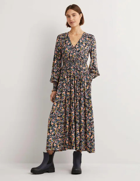 V-Neck Smocked Dress - Graphite, Opulent Leaf | Boden US | Boden (US)