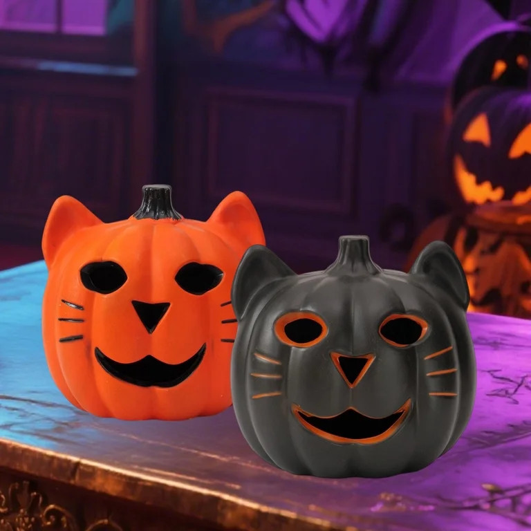 Black Cat Pumpkin Lantern Decoration for Halloween, Ceramic Jack-O'-Lantern Cat Face Tabletop Cen... | Walmart (US)
