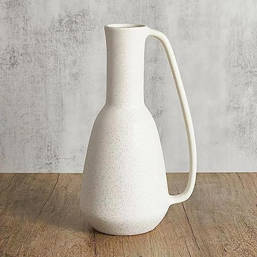 BlossoME Ceramic White Vase 12 inch Tall with Handle Matte Glazed Pottery Vessel Rustic Stoneware Table Decor Neutral Clay Jug Centerpiece Slender Shelf Book Pitcher Decor Flower Vessel | Amazon (US)