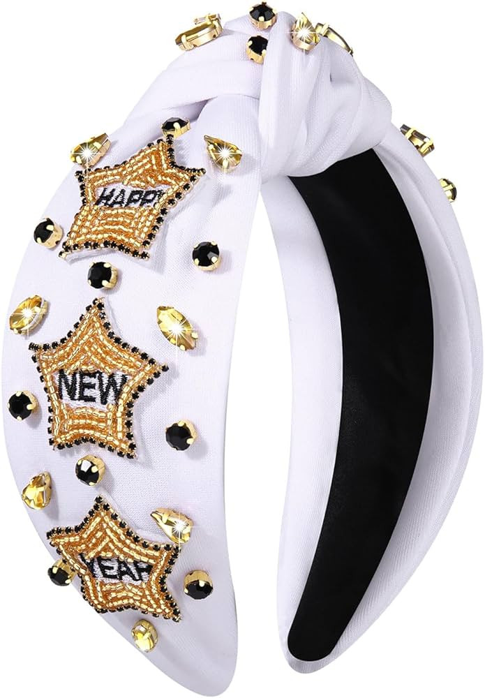 New Year's Eve Headbands for Women Beaded Happy New Year Headbands Jeweled NYE Star Headband Gold... | Amazon (US)