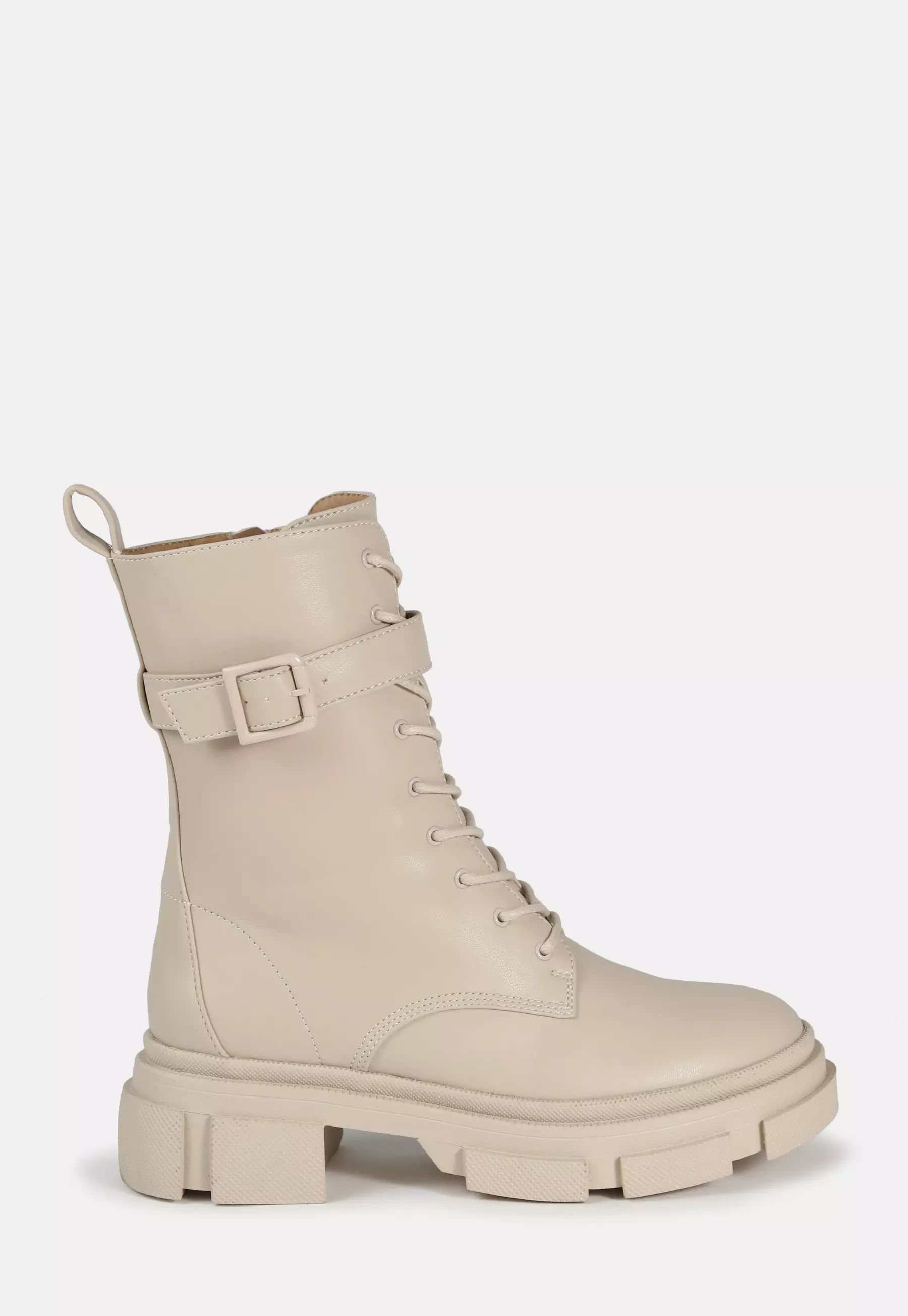 Cream Buckle Strap Lace Up Chunky Sole Ankle Boots | Missguided (UK & IE)