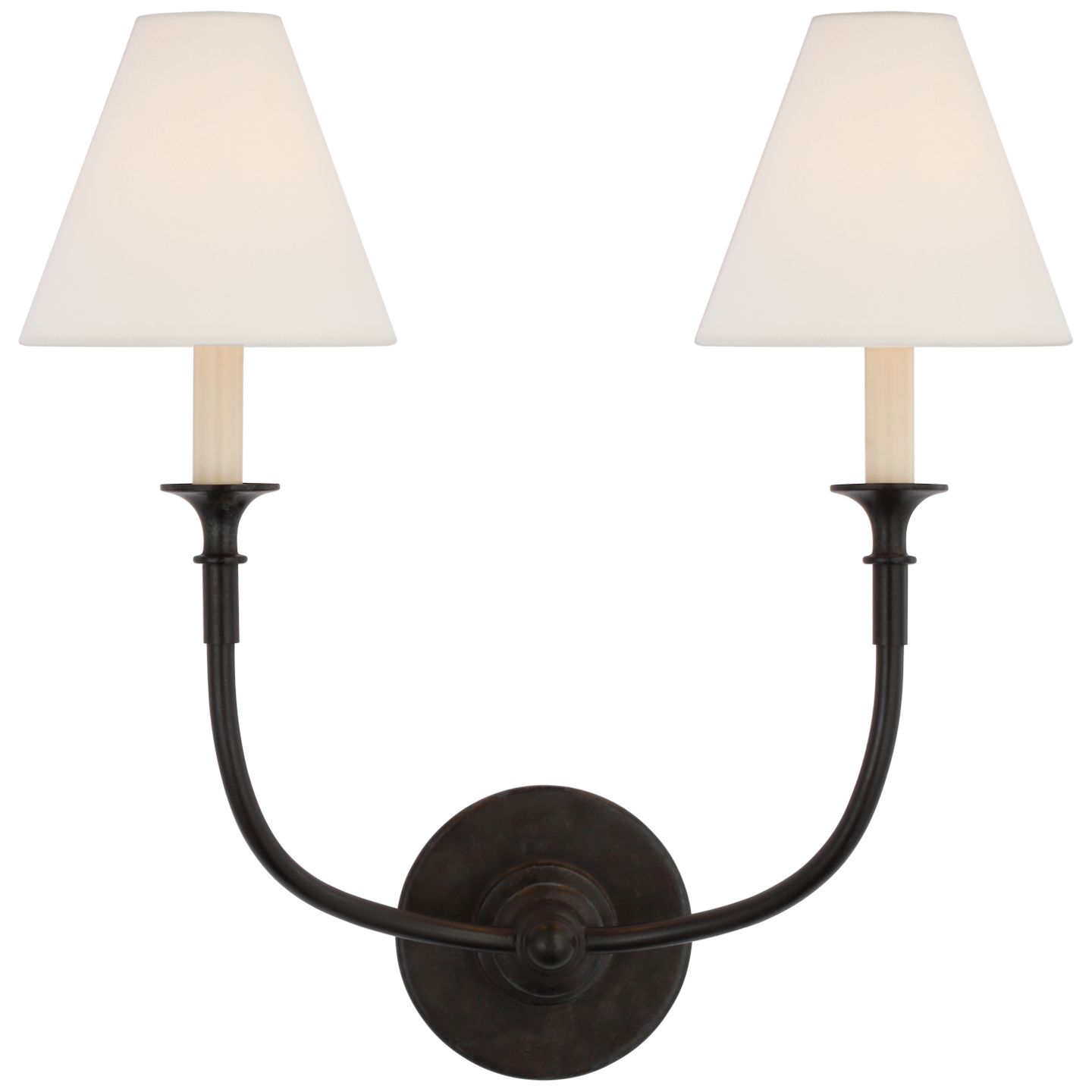Piaf Double Sconce in Aged Iron with Linen Shades | Visual Comfort