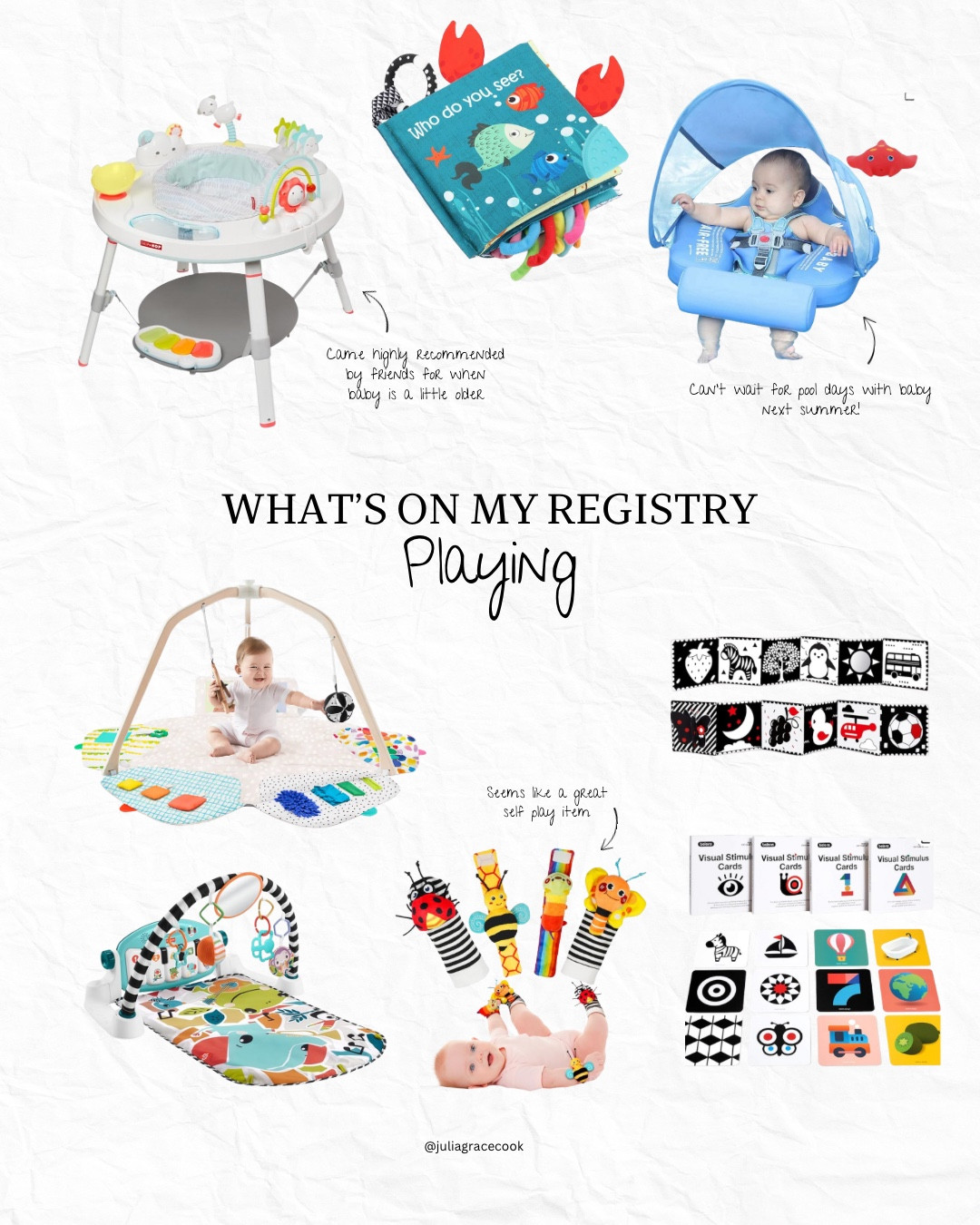 Here’s what’s on my baby registry for playing! Kept it mainly to essentials and key recommendations from friends…and living in CA we knew we needed something for the pool

Baby registry, baby toys, baby swim, play table, contrast cards, baby books, baby play yard, lovevery play mat, contrast socks, Montessori play, crinkle book, skip hop play table, baby floatie 

#LTKBaby