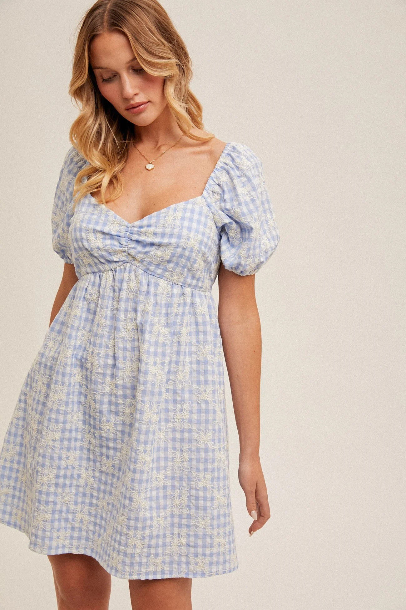 Light Blue Embroidered Gingham Sweetheart Neck Mini Dress | PinkBlush Maternity
