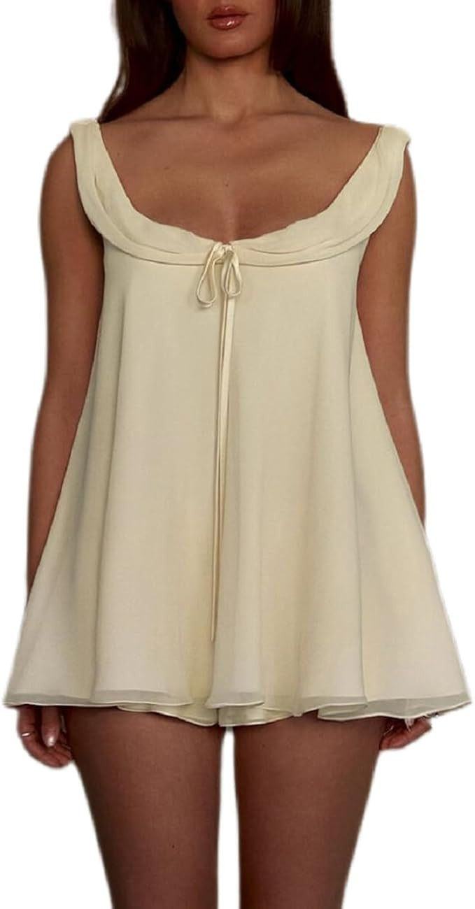 UAURORAO Women Cute Babydoll Shorts Set Sleeveless Chiffon Ruffle Tank Top Flowy Wide Leg Shorts ... | Amazon (US)